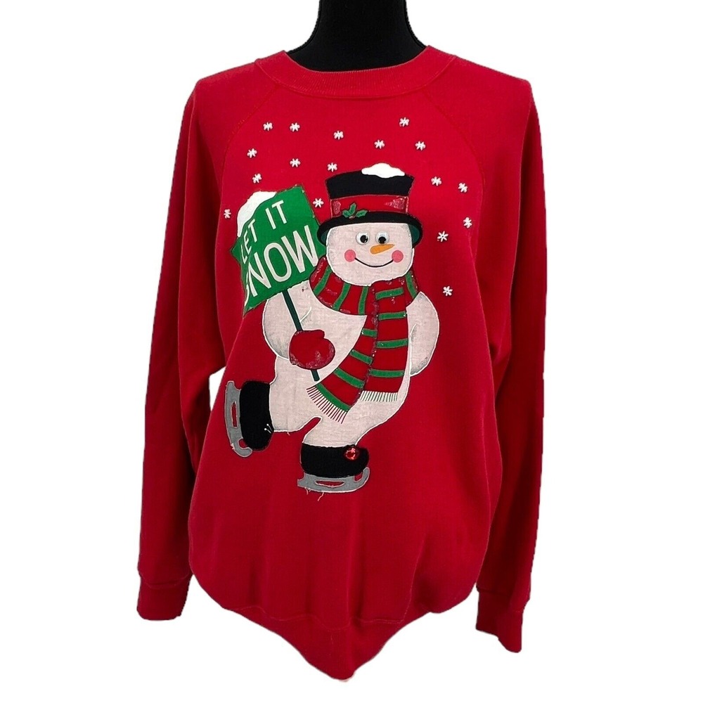 Vintage 90s Hanes Womens Let it Snow Christmas Red Crewneck Sweatshirt USA XL